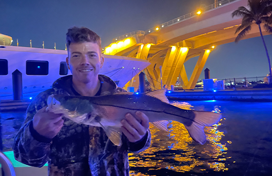 Man with fish on a boat under a bridge at night